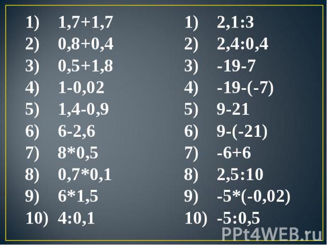 1,7+1,7 0,8+0,4 0,5+1,8 1-0,02 1,4-0,9 6-2,6 8*0,5 0,7*0,1 6*1,5 4:0,1 2,1:3 2,4:0,4 -19-7 -19-(-7) 9-21 9-(-21) -6+6 2,5:10 -5*(-0,02) -5:0,5