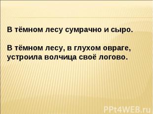 В тёмном лесу сумрачно и сыро. В тёмном лесу, в глухом овраге, устроила волчица