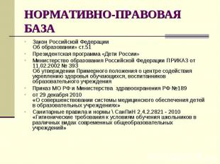 НОРМАТИВНО-ПРАВОВАЯ БАЗА Закон Российской Федерации Об образовании» ст.51 Презид