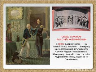 СВОД ЗАКОНОВ РОССИЙСКОЙ ИМПЕРИИ В 1832 г был изготовлен 15 томный «Свод законов»