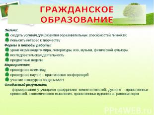 ГРАЖДАНСКОЕ ОБРАЗОВАНИЕ Задачи: создать условия для развития образовательных спо