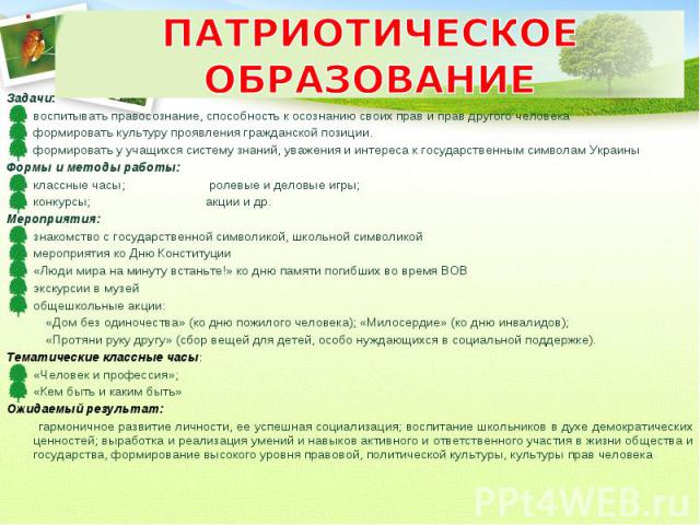 ПАТРИОТИЧЕСКОЕ ОБРАЗОВАНИЕ Задачи: воспитывать правосознание, способность к осознанию своих прав и прав другого человека формировать культуру проявления гражданской позиции. формировать у учащихся систему знаний, уважения и интереса к государственны…