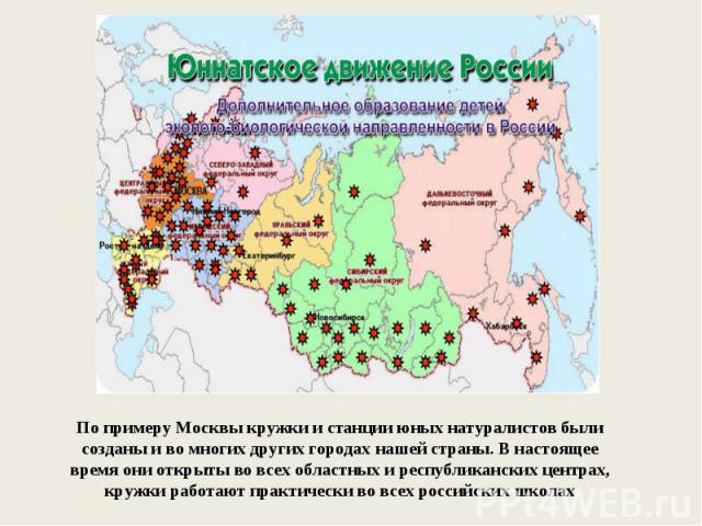 По примеру Москвы кружки и станции юных натуралистов были созданы и во многих других городах нашей страны. В настоящее время они открыты во всех областных и республиканских центрах, кружки работают практически во всех российских школах