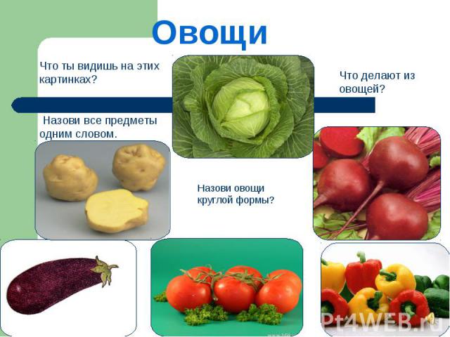 Овощи Что ты видишь на этих картинках? Назови все предметы одним словом. Назови овощи круглой формы? Что делают из овощей?