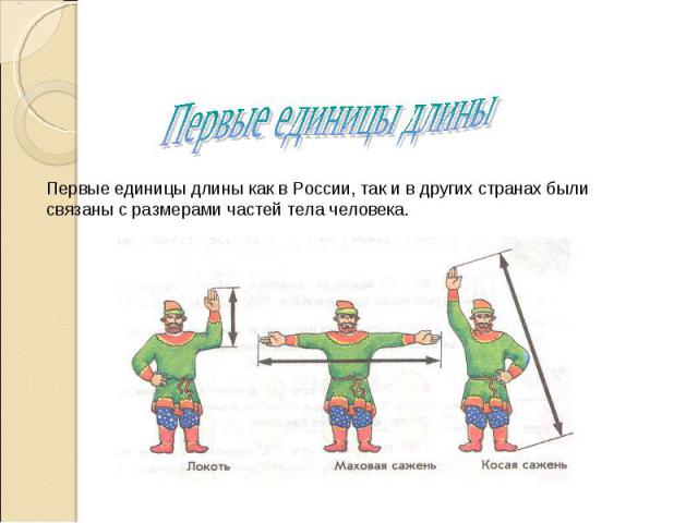 Первые единицы длины Первые единицы длины как в России, так и в других странах были связаны с размерами частей тела человека.