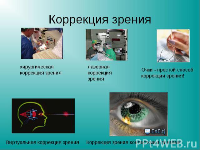 Коррекция зрения хирургическая коррекция зрения лазерная коррекция зрения Очки - простой способ коррекции зрения! Виртуальная коррекция зрения Коррекция зрения контактными линзами