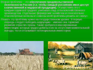 Вторая проблема – это обеспечение продовольственной безопасности России (т.е. чт