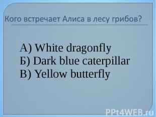 Кого встречает Алиса в лесу грибов? А) White dragonfly Б) Dark blue caterpillar