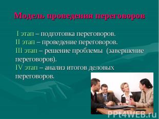 Модель проведения переговоров I этап – подготовка переговоров. II этап – проведе