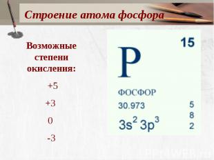 Строение атома фосфора Возможные степени окисления: +5 +3 0 -3