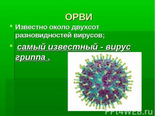 ОРВИ Известно около двухсот разновидностей вирусов; самый известный - вирус грип