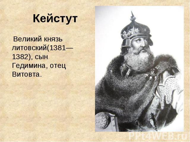Кейстут Великий князь литовский(1381—1382), сын Гедимина, отец Витовта.