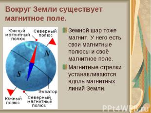 Вокруг Земли существует магнитное поле.Земной шар тоже магнит. У него есть свои