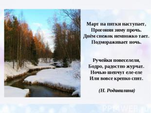 Март на пятки наступает, Прогоняя зиму прочь. Днём снежок немножко тает. Подмора