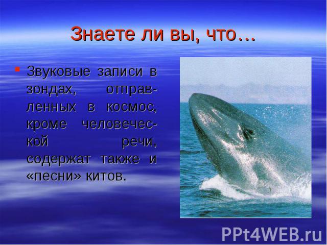 Знаете ли вы, что… Звуковые записи в зондах, отправ-ленных в космос, кроме человечес-кой речи, содержат также и «песни» китов.