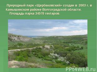 Природный парк «Щербаковский» создан в 2003 г. в Камышинском районе Волгоградско