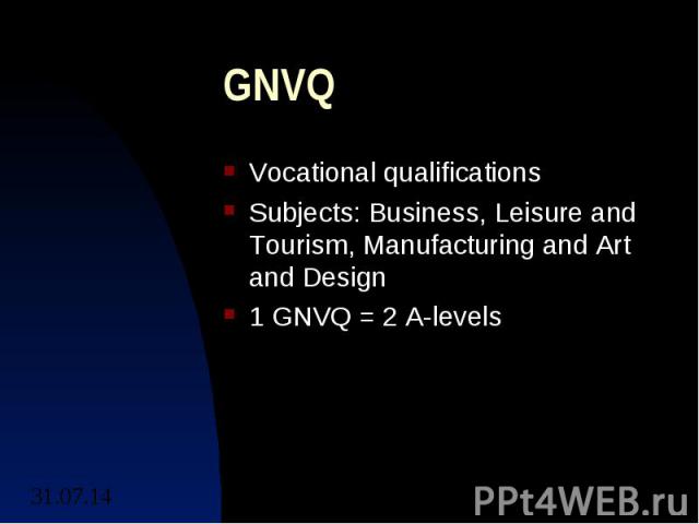 GNVQ Vocational qualifications Subjects: Business, Leisure and Tourism, Manufacturing and Art and Design 1 GNVQ = 2 A-levels