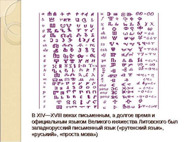 В XIV—XVIII веках письменным, а долгое время и официальным языком Великого княжества Литовского был западнорусский письменный язык («рутенский язык», «руський», «проста мова»)