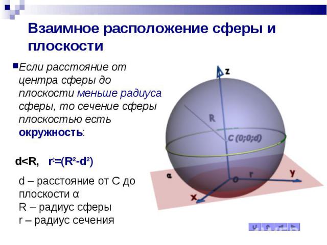 Взаимное расположение сферы и плоскости Если расстояние от центра сферы до плоскости меньше радиуса сферы, то сечение сферы плоскостью есть окружность: d