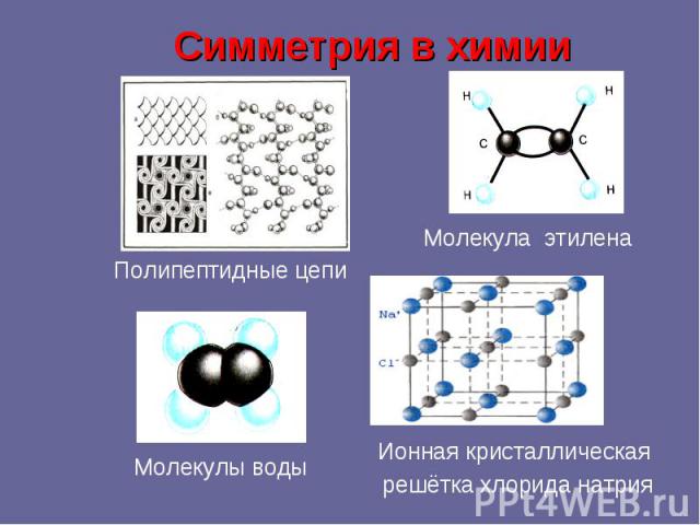 Симметрия в химии Полипептидные цепи Молекула этилена Молекулы воды Ионная кристаллическая решётка хлорида натрия