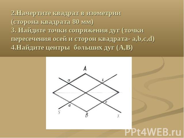 2.Начертите квадрат в изометрии (сторона квадрата 80 мм) 3. Найдите точки сопряжения дуг (точки пересечения осей и сторон квадрата- а,b,c,d) 4.Найдите центры больших дуг (А,В)