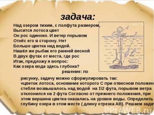 задача: Над озером тихим, с полфута размером, Высится лотоса цвет Он рос одиноко