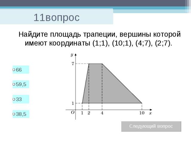 11вопрос Найдите площадь трапеции, вершины которой имеют координаты (1;1), (10;1), (4;7), (2;7).