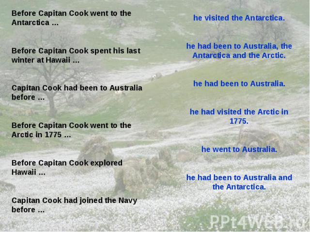 Before Capitan Cook went to the Antarctica … Before Capitan Cook spent his last winter at Hawaii … Capitan Cook had been to Australia before … Before Capitan Cook went to the Arctic in 1775 … Before Capitan Cook explored Hawaii … Capitan Cook had jo…