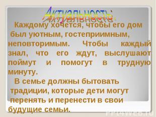 Актуальность: Каждому хочется, чтобы его дом был уютным, гостеприимным, неповтор