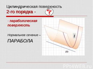 Цилиндрическая поверхность 2-го порядка - - параболическая поверхность Нормально