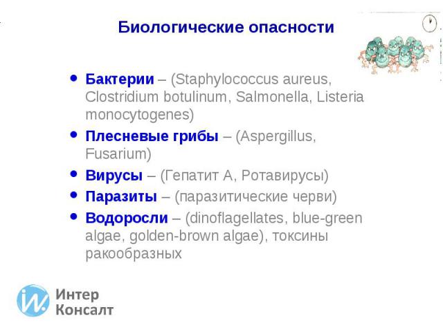 Бактерии – (Staphylococcus aureus, Clostridium botulinum, Salmonella, Listeria monocytogenes) Бактерии – (Staphylococcus aureus, Clostridium botulinum, Salmonella, Listeria monocytogenes) Плесневые грибы – (Aspergillus, Fusarium) Вирусы – (Гепатит А…