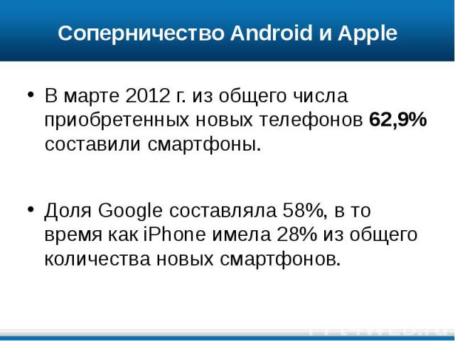 Соперничество Android и Apple В марте 2012 г. из общего числа приобретенных новых телефонов 62,9% составили смартфоны. Доля Google составляла 58%, в то время как iPhone имела 28% из общего количества новых смартфонов.