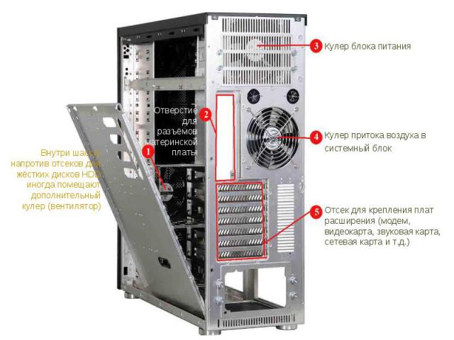 Внутри шасси, напротив отсеков для жёстких дисков HDD иногда помещают дополнительный кулер (вентилятор) Отверстие для разъёмов материнской платы Отсек для крепления плат расширения (модем, видеокарта, звуковая карта, сетевая карта и т.д.) Кулер прит…