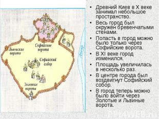 Древний Киев в Х веке занимал небольшое пространство. Весь город был окружён бре
