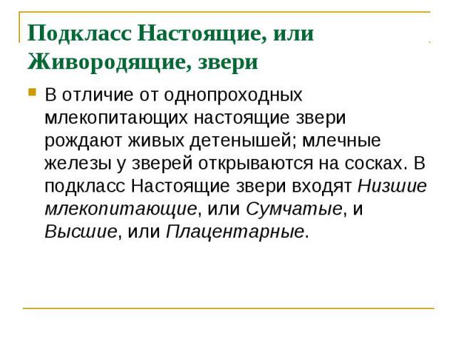 Подкласс Настоящие, или Живородящие, звери В отличие от однопроходных млекопитающих настоящие звери рождают живых детенышей; млечные железы у зверей открываются на сосках. В подкласс Настоящие звери входят Низшие млекопитающие, или Сумчатые, и Высши…