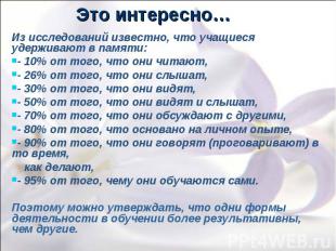 Это интересно… Из исследований известно, что учащиеся удерживают в памяти: - 10%