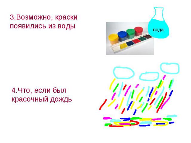 3.Возможно, краски появились из воды 4.Что, если был красочный дождь