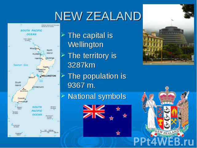 NEW ZEALAND The capital is Wellington The territory is 3287km The population is 9367 m. National symbols