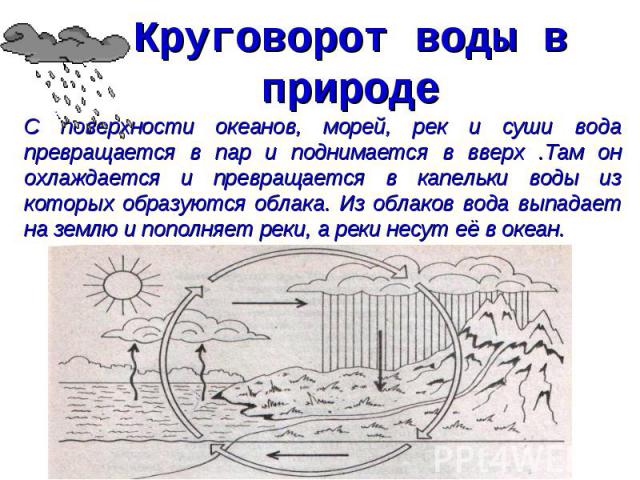 Круговорот воды в природе С поверхности океанов, морей, рек и суши вода превращается в пар и поднимается в вверх .Там он охлаждается и превращается в капельки воды из которых образуются облака. Из облаков вода выпадает на землю и пополняет реки, а р…