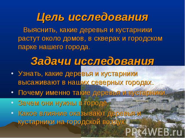 Цель исследования Выяснить, какие деревья и кустарники растут около домов, в скверах и городском парке нашего города. Задачи исследования Узнать, какие деревья и кустарники высаживают в наших северных городах. Почему именно такие деревья и кустарник…