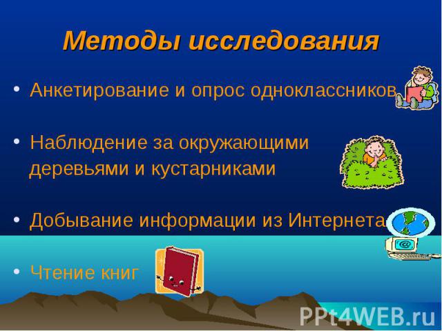 Методы исследования Анкетирование и опрос одноклассников Наблюдение за окружающими деревьями и кустарниками Добывание информации из Интернета Чтение книг