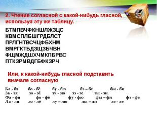 2. Чтение согласной с какой-нибудь гласной, используя эту же таблицу. БТМПВЧФКНШ