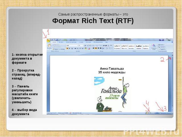 Самые распространенные форматы – это Формат Rich Text (RTF) 1- кнопка открытия документа в формате 2 – Прокрутка страниц. (вперед-назад) 3 – Панель регулировки масштаба книги (увеличить-уменьшить) 4 – выбор вида документа