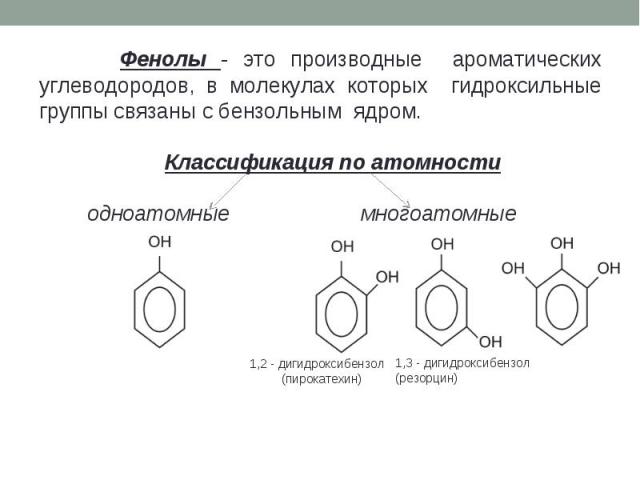Фенолы - это производные ароматических углеводородов, в молекулах которых гидроксильные группы связаны с бензольным ядром. Классификация по атомности одноатомные многоатомные