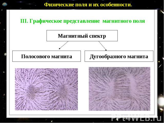Физические поля и их особенности. III. Графическое представление магнитного поля Магнитный спектр Полосового магнита Дугообразного магнита