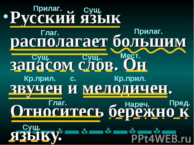 Русский язык располагает большим запасом слов. Он звучен и мелодичен. Относитесь бережно к языку.