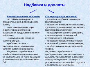 Надбавки и доплаты Компенсационные выплаты за работу в выходные и праздничные дн