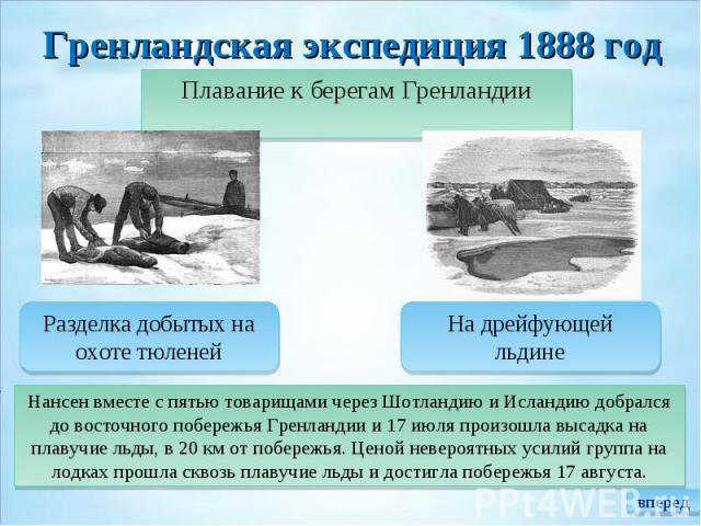 Гренландская экспедиция 1888 год Плавание к берегам Гренландии Разделка добытых на охоте тюленей На дрейфующей льдине Нансен вместе с пятью товарищами через Шотландию и Исландию добрался до восточного побережья Гренландии и 17 июля произошла высадка…