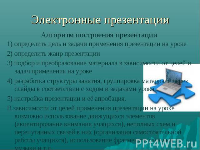 Электронные презентации Алгоритм построения презентации 1) определить цель и задачи применения презентации на уроке 2) определить жанр презентации 3) подбор и преобразование материала в зависимости от целей и задач применения на уроке 4) разработка …