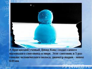 А британский ученый Девид Кокс создал самого маленького снеговика в мире. Этот с